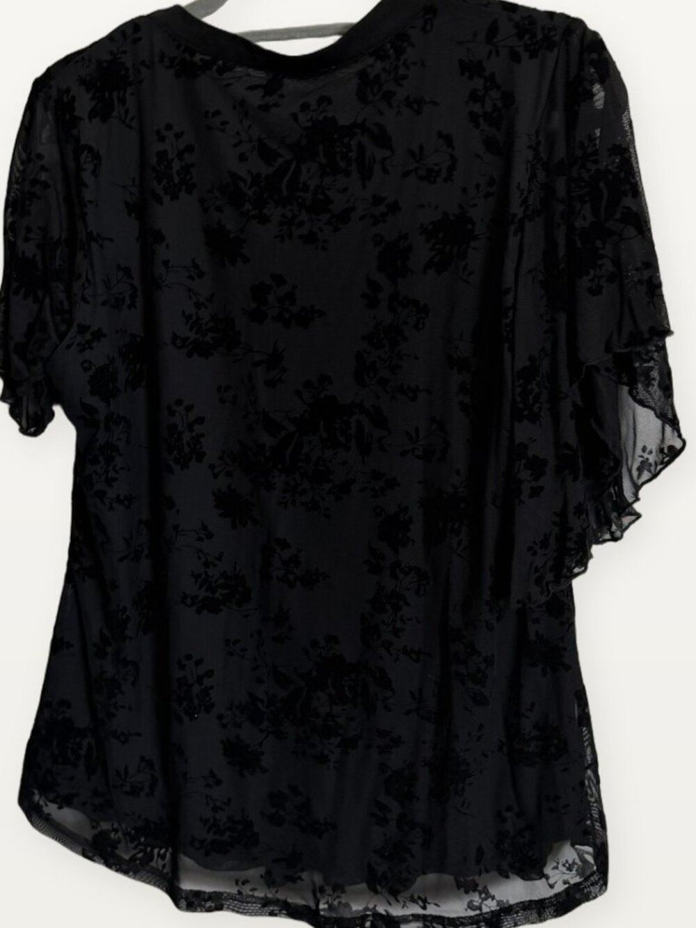 Timeson Black Flocked Floral Mesh Flutter Sleeve Blouse Size M